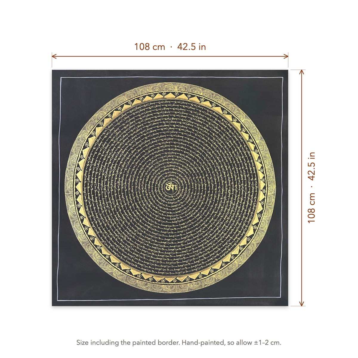Size diagram: 108 × 108 cm (42.5 × 42.5 in), including the painted border