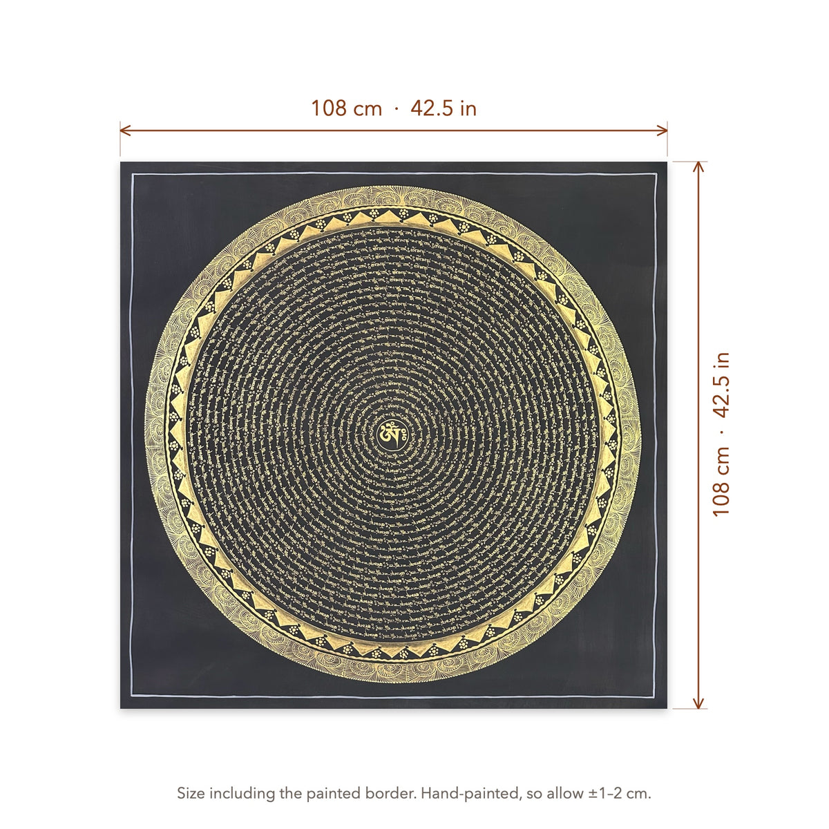 Size diagram: 108 × 108 cm (42.5 × 42.5 in), including the painted border