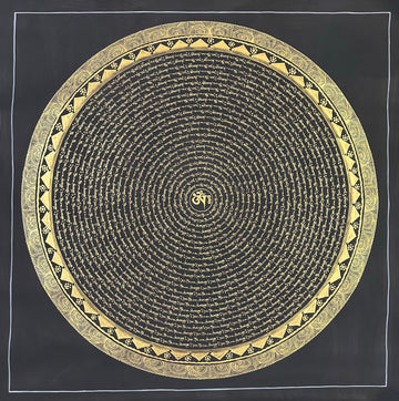 Mantra Mandala thangka, 108×108 cm: concentric rings of gold-coloured mantra script on black around a single Om, with a border of triangles