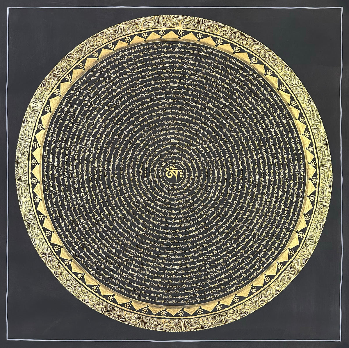 Mantra Mandala thangka, 108×108 cm: concentric rings of gold-coloured mantra script on black around a single Om, with a border of triangles