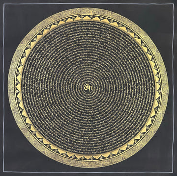 Mantra Mandala thangka, 108×108 cm: concentric rings of gold-coloured mantra script on black around a single Om, with a border of triangles