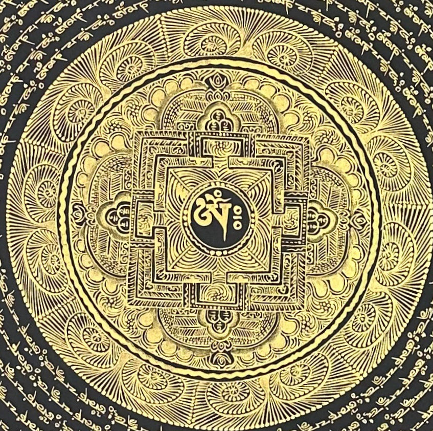 Mantra Mandala thangka, 108×108 cm: rings of gold-coloured mantra script on black around a small palace mandala, with a sun-ray border