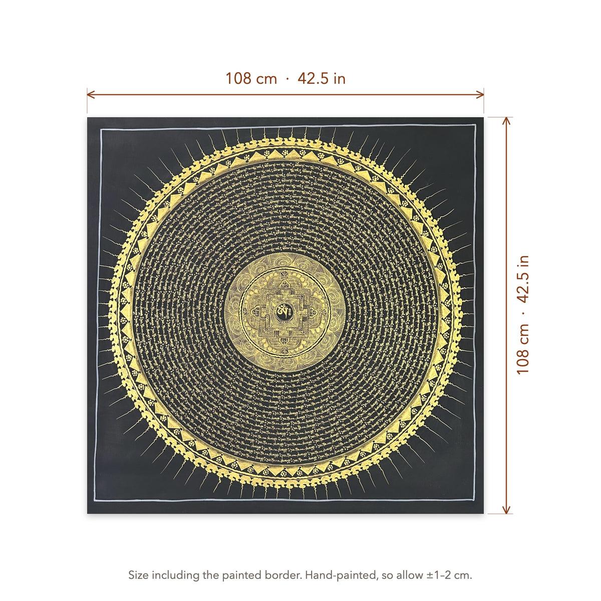 Size diagram: 108 × 108 cm (42.5 × 42.5 in), including the painted border
