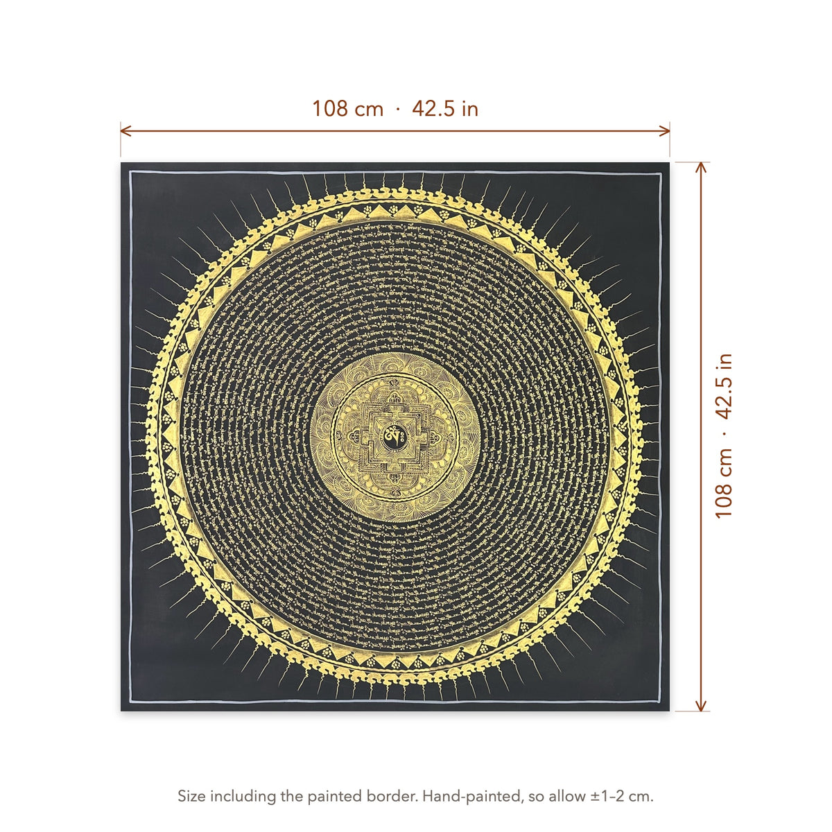 Size diagram: 108 × 108 cm (42.5 × 42.5 in), including the painted border