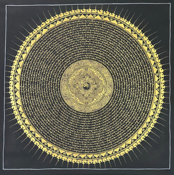Mantra Mandala thangka, 108×108 cm: rings of gold-coloured mantra script on black around a small palace mandala, with a sun-ray border