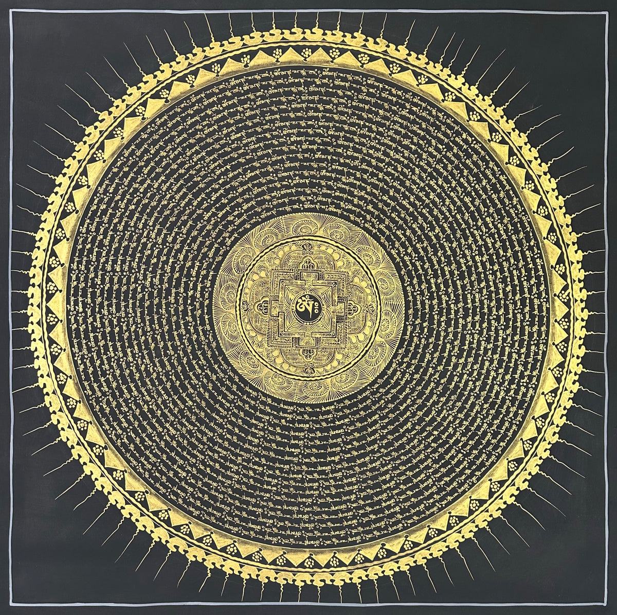 Mantra Mandala thangka, 108×108 cm: rings of gold-coloured mantra script on black around a small palace mandala, with a sun-ray border