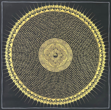 Mantra Mandala thangka, 108×108 cm: rings of gold-coloured mantra script on black around a small palace mandala, with a sun-ray border