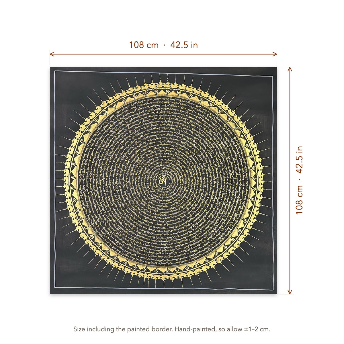 Size diagram: 108 × 108 cm (42.5 × 42.5 in), including the painted border