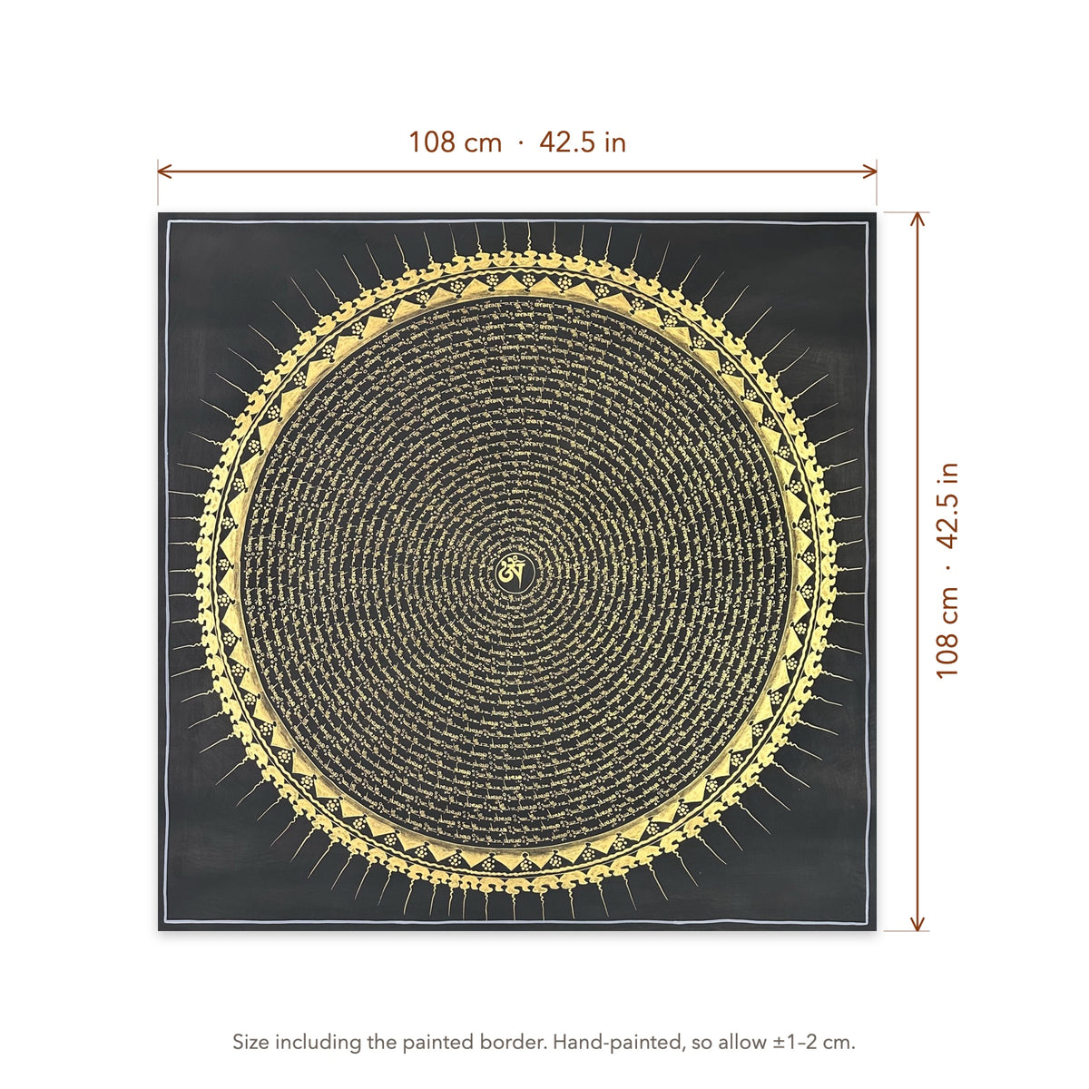 Size diagram: 108 × 108 cm (42.5 × 42.5 in), including the painted border