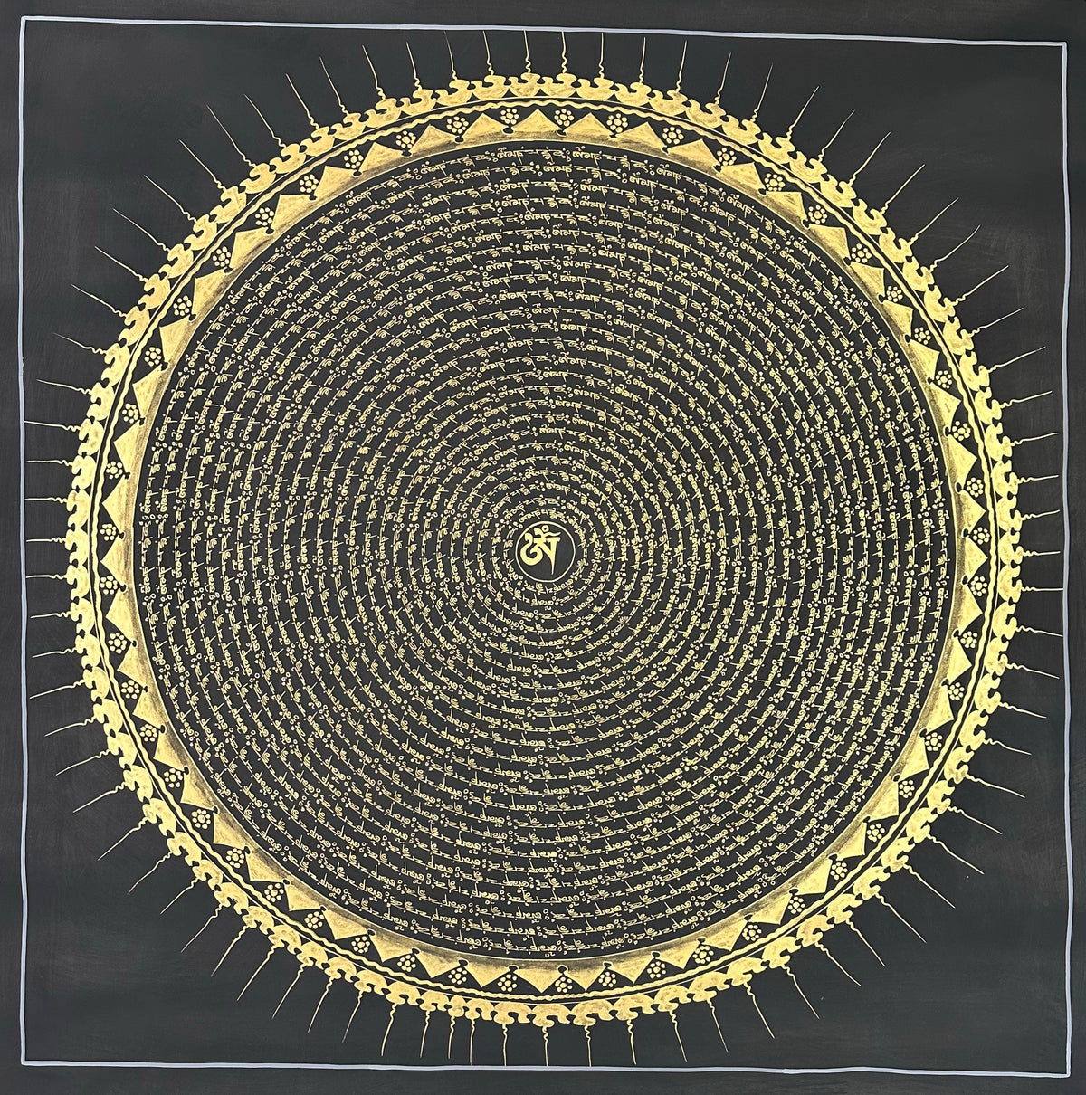 Mantra Mandala thangka, 108×108 cm: rings of gold-coloured mantra script on black around a single Om, with a sun-ray border