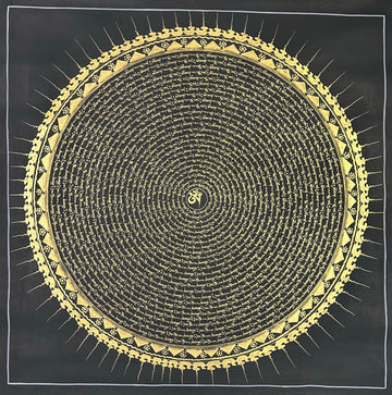 Mantra Mandala thangka, 108×108 cm: rings of gold-coloured mantra script on black around a single Om, with a sun-ray border