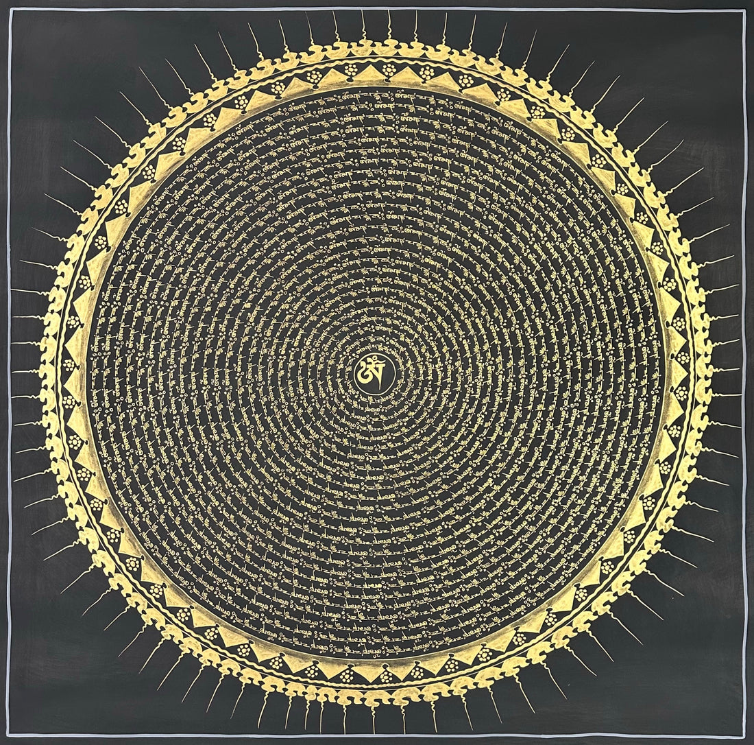 Mantra Mandala thangka, 108×108 cm: rings of gold-coloured mantra script on black around a single Om, with a sun-ray border