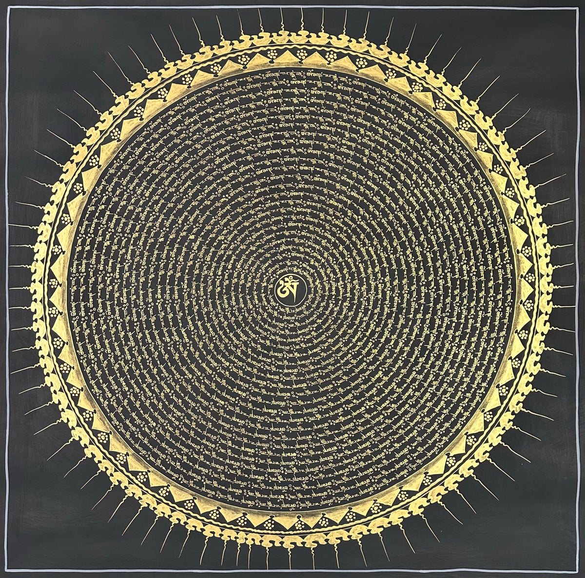 Mantra Mandala thangka, 108×108 cm: rings of gold-coloured mantra script on black around a single Om, with a sun-ray border