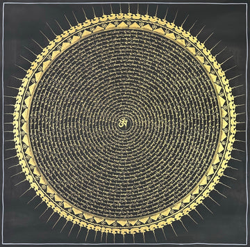Mantra Mandala thangka, 108×108 cm: rings of gold-coloured mantra script on black around a single Om, with a sun-ray border