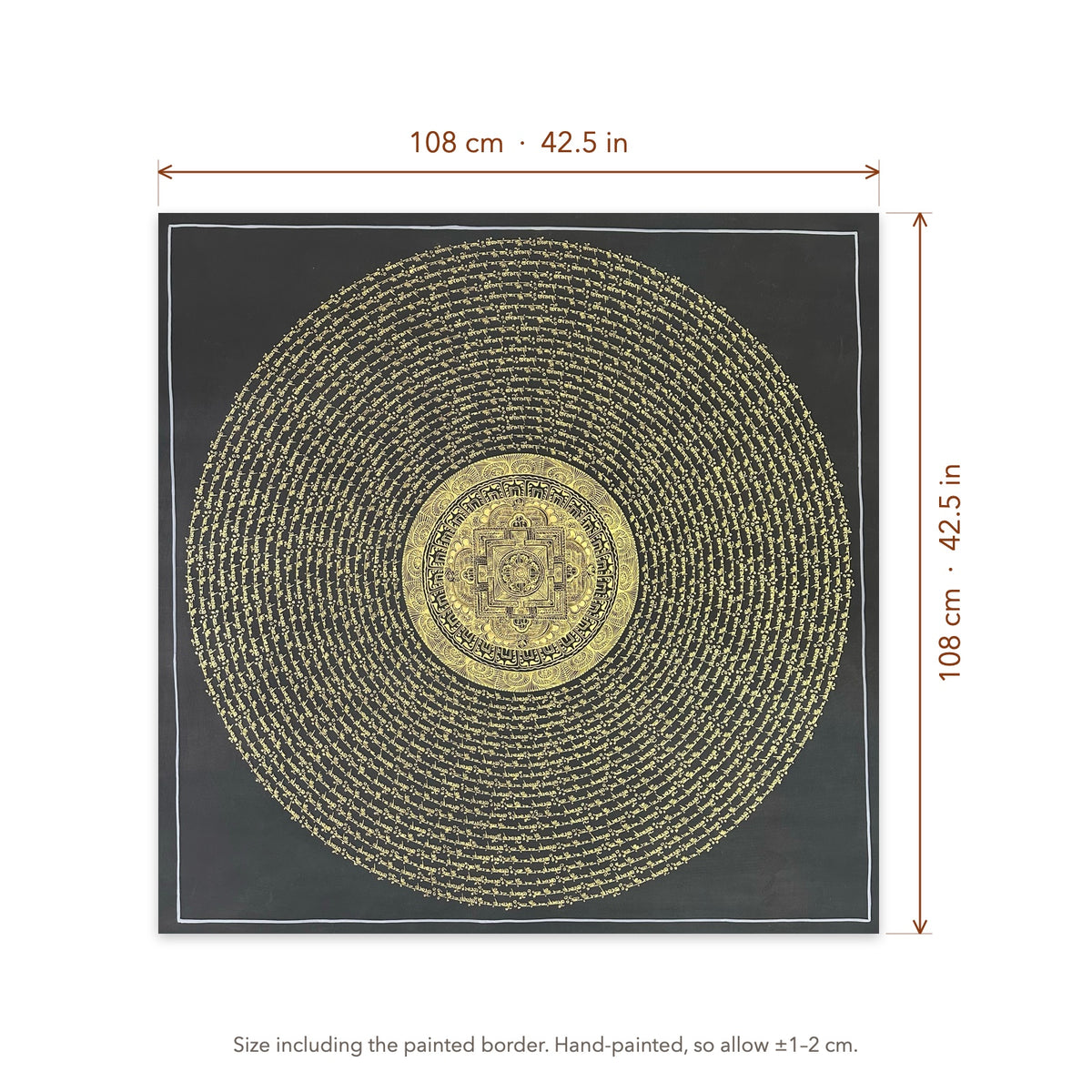 Size diagram: 108 × 108 cm (42.5 × 42.5 in), including the painted border