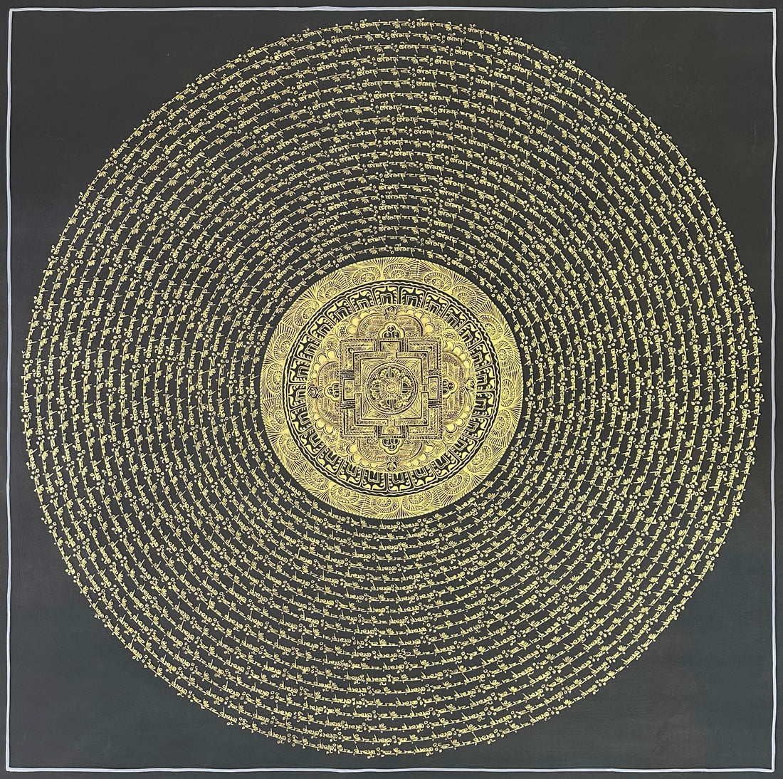 Mantra Mandala thangka, 108×108 cm: open rings of gold-coloured mantra script on black around a small palace mandala with a dharma wheel