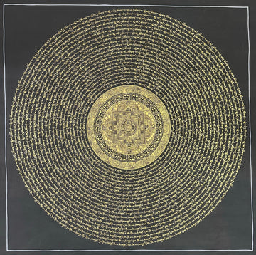 Mantra Mandala thangka, 108×108 cm: open rings of gold-coloured mantra script on black around a small palace mandala with a dharma wheel