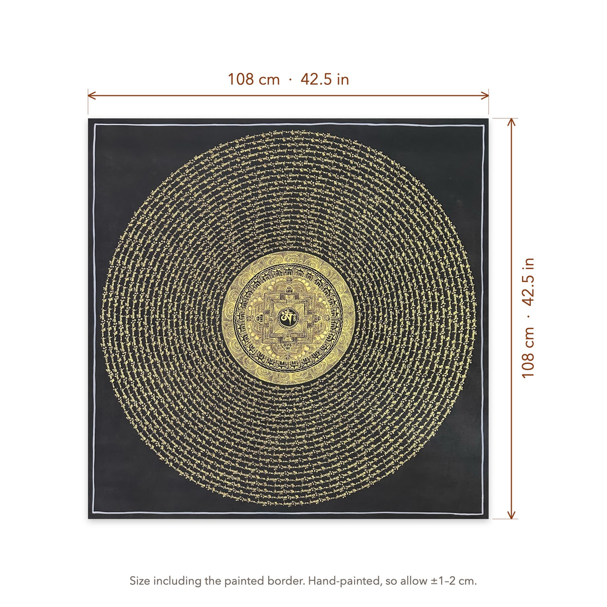 Size diagram: 108 × 108 cm (42.5 × 42.5 in), including the painted border
