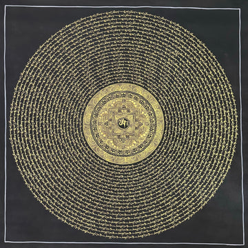 Mantra Mandala thangka, 108×108 cm: open rings of gold-coloured mantra script on black around a small palace mandala with Om