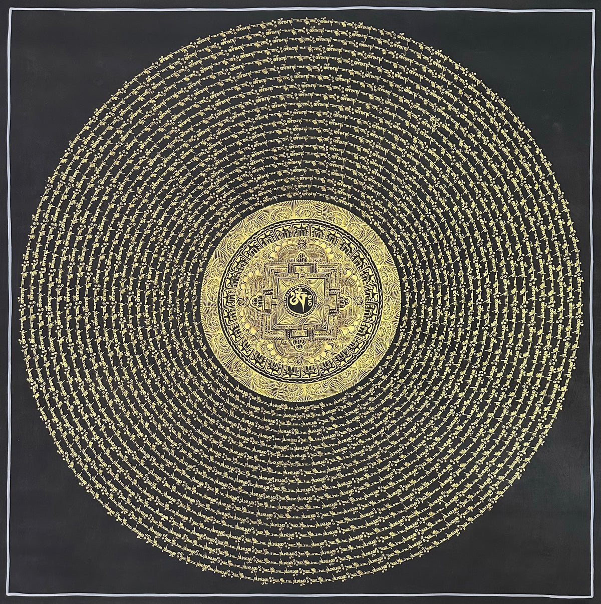 Mantra Mandala thangka, 108×108 cm: open rings of gold-coloured mantra script on black around a small palace mandala with Om