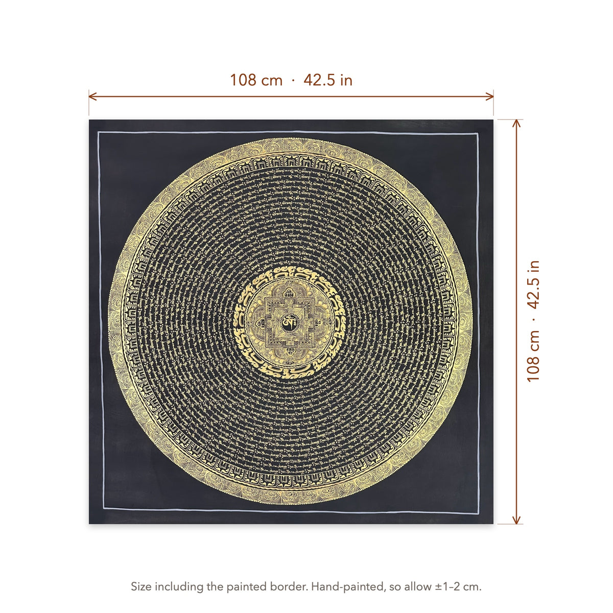 Size diagram: 108 × 108 cm (42.5 × 42.5 in), including the painted border