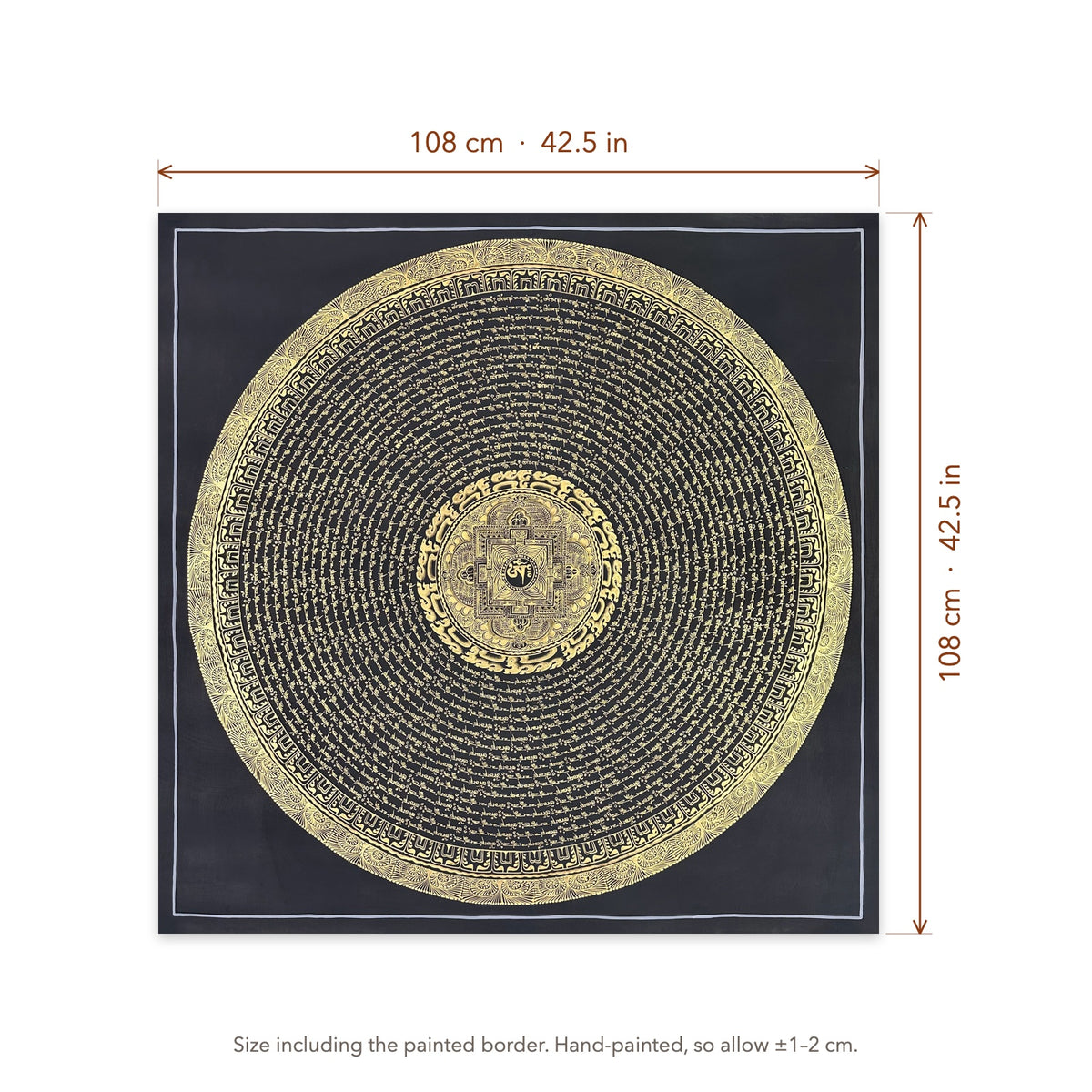 Size diagram: 108 × 108 cm (42.5 × 42.5 in), including the painted border