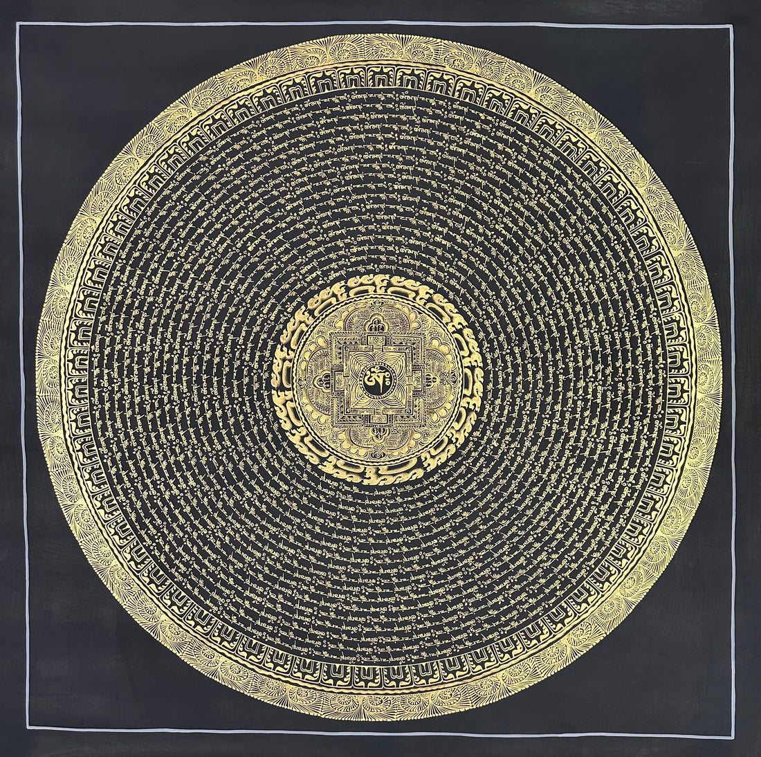 Mantra Mandala thangka, 108×108 cm: rings of gold-coloured mantra script on black around a small palace mandala with Om