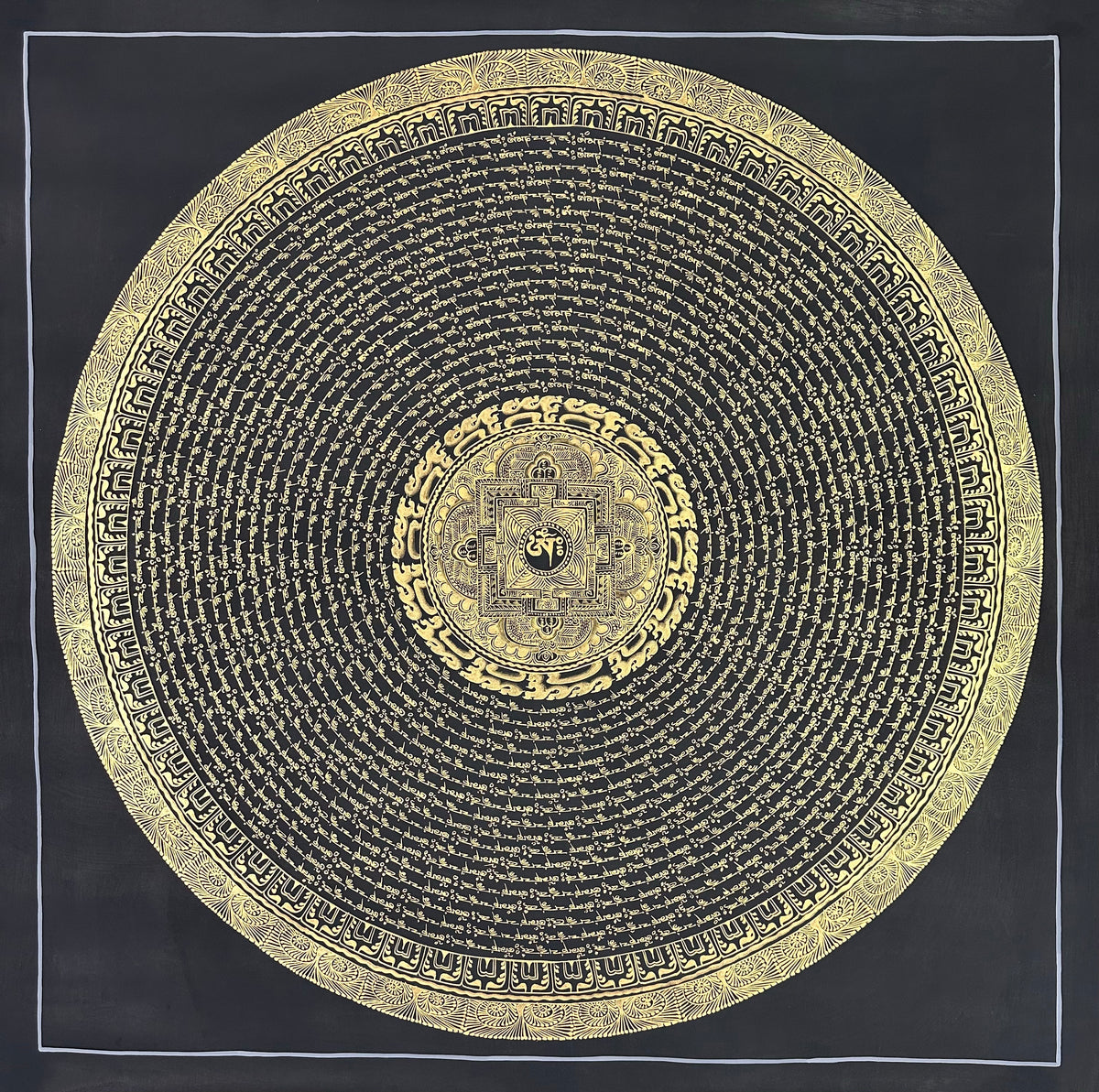 Mantra Mandala thangka, 108×108 cm: rings of gold-coloured mantra script on black around a small palace mandala with Om