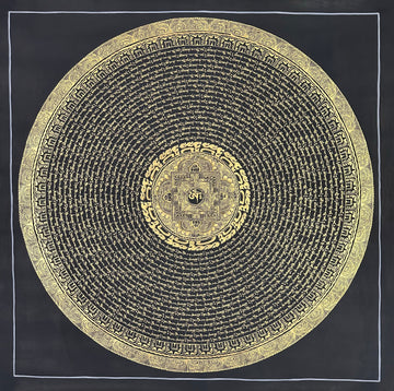 Mantra Mandala thangka, 108×108 cm: rings of gold-coloured mantra script on black around a small palace mandala with Om