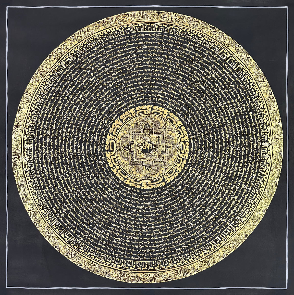 Mantra Mandala thangka, 108×108 cm: rings of gold-coloured mantra script on black around a small palace mandala with Om