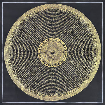 Mantra Mandala thangka, 108×108 cm: rings of gold-coloured mantra script on black around a small palace mandala with Om