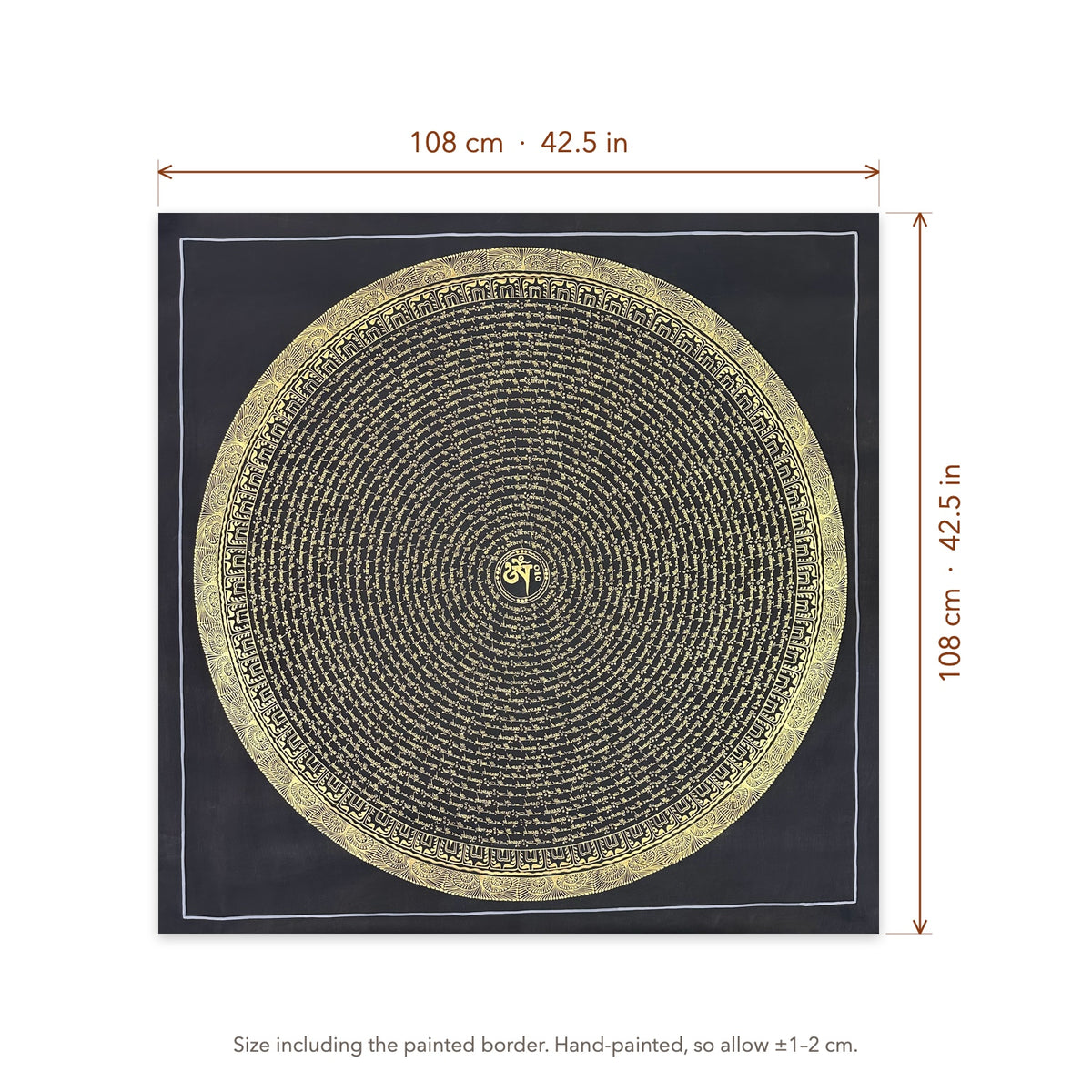 Size diagram: 108 × 108 cm (42.5 × 42.5 in), including the painted border