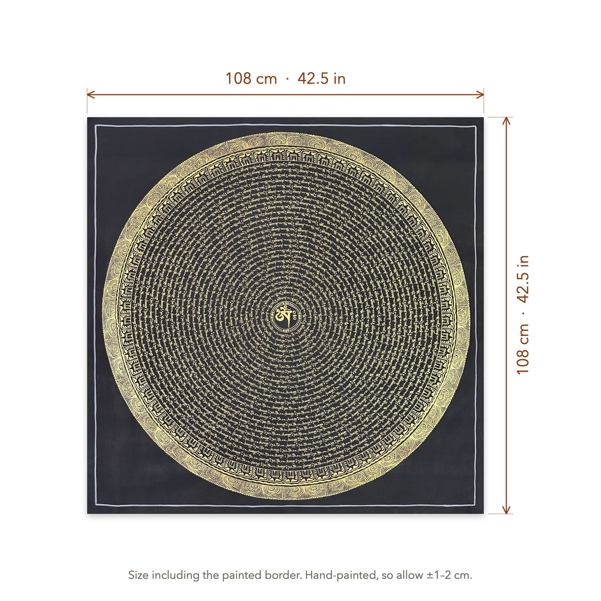 Size diagram: 108 × 108 cm (42.5 × 42.5 in), including the painted border