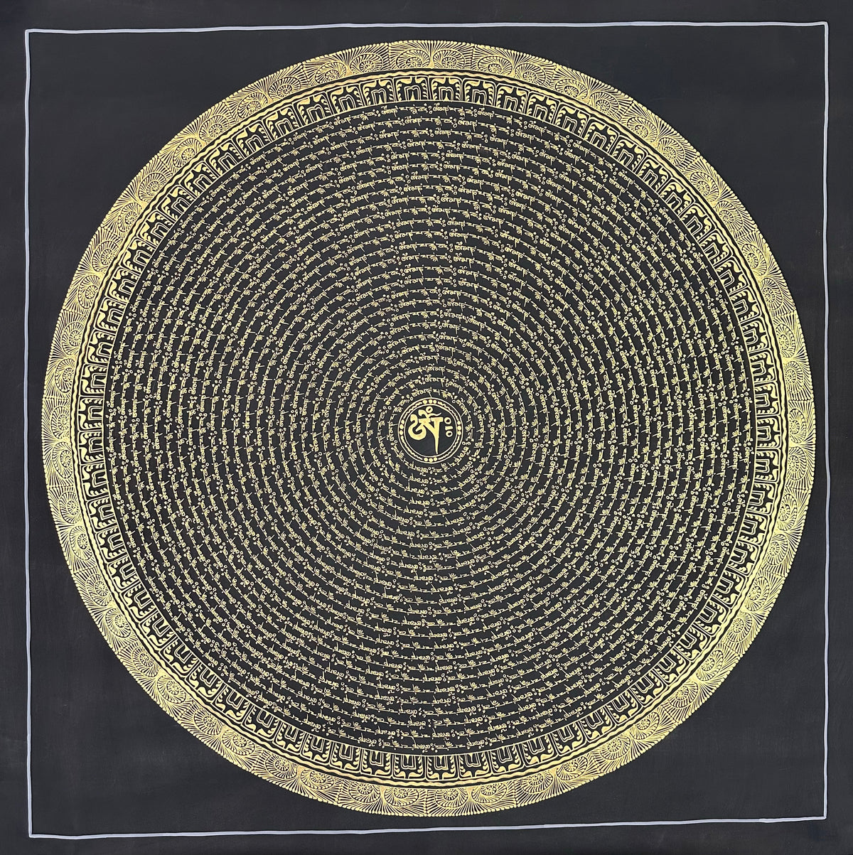 Mantra Mandala thangka, 108×108 cm: concentric rings of gold-coloured mantra script on black around a single Om