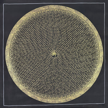 Mantra Mandala thangka, 108×108 cm: concentric rings of gold-coloured mantra script on black around a single Om