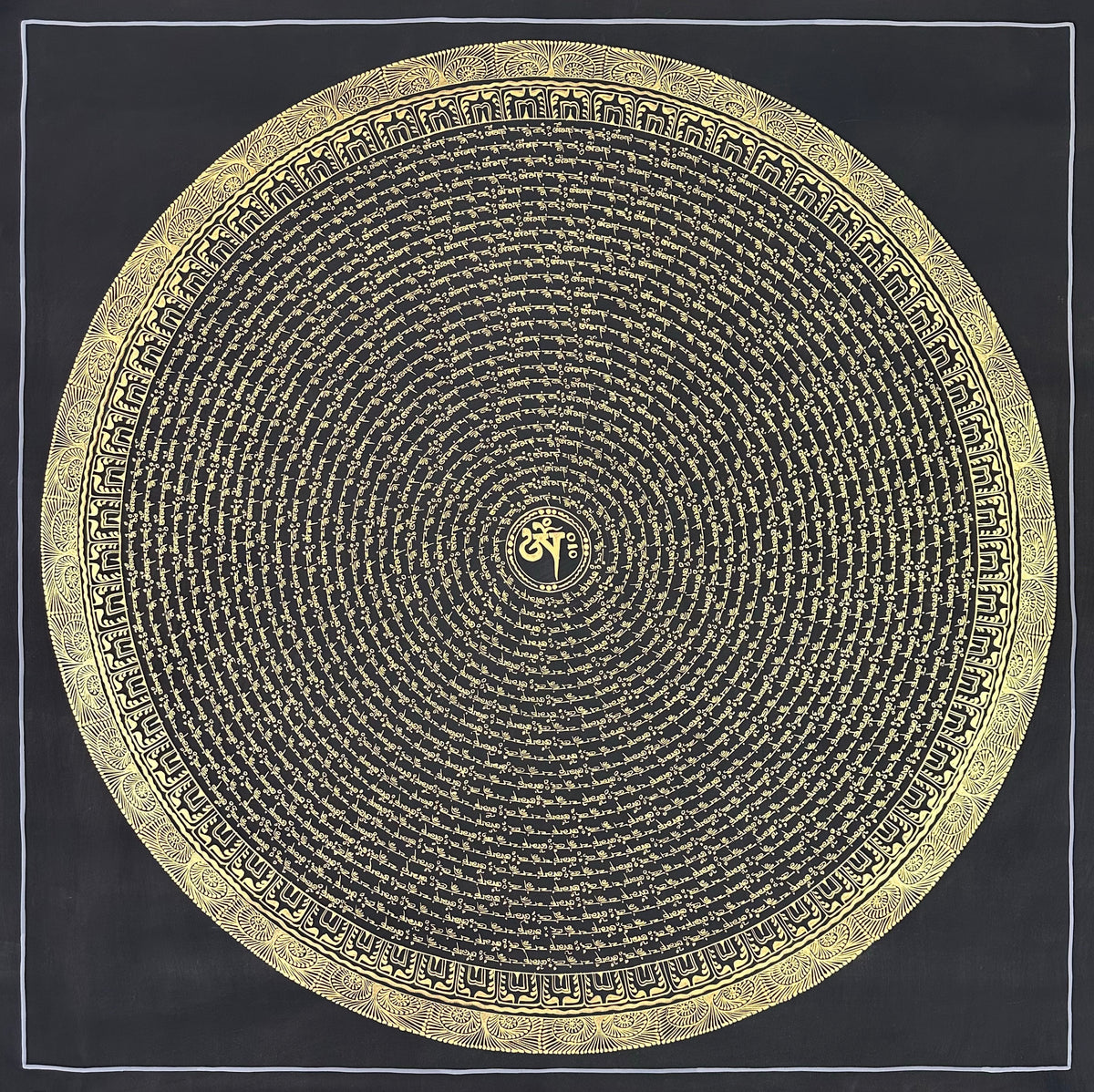 Mantra Mandala thangka, 108×108 cm: concentric rings of gold-coloured mantra script on black around a single Om
