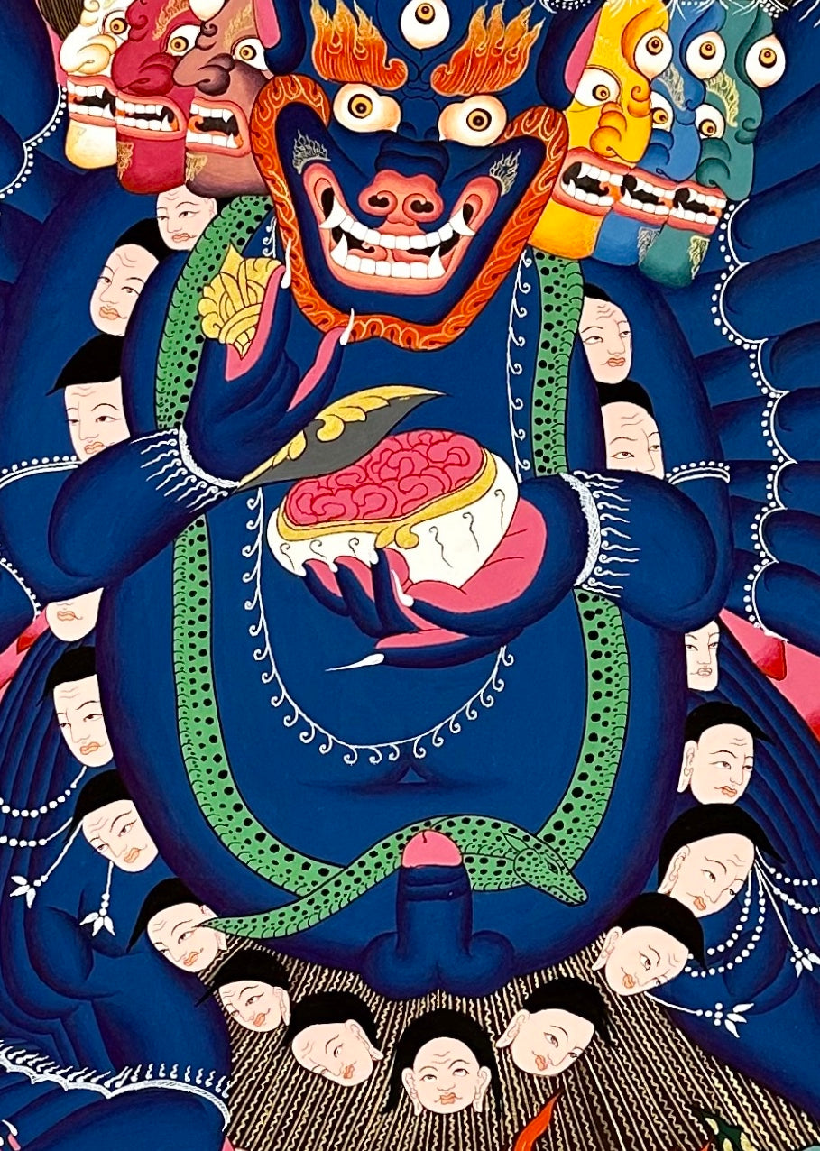 Yamantaka thangka, 97×133 cm: blue buffalo-headed Yamantaka in flames, with three lamas above and three protectors below