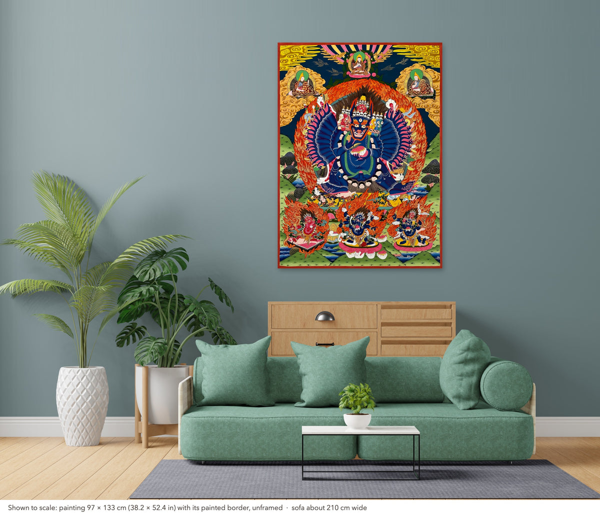 Yamantaka thangka shown to scale in a living room, unframed, above a sofa about 210 cm wide (97×133 cm)
