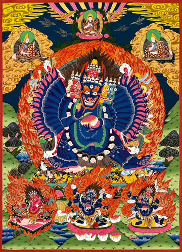 Yamantaka thangka, 97×133 cm: blue buffalo-headed Yamantaka in flames, with three lamas above and three protectors below