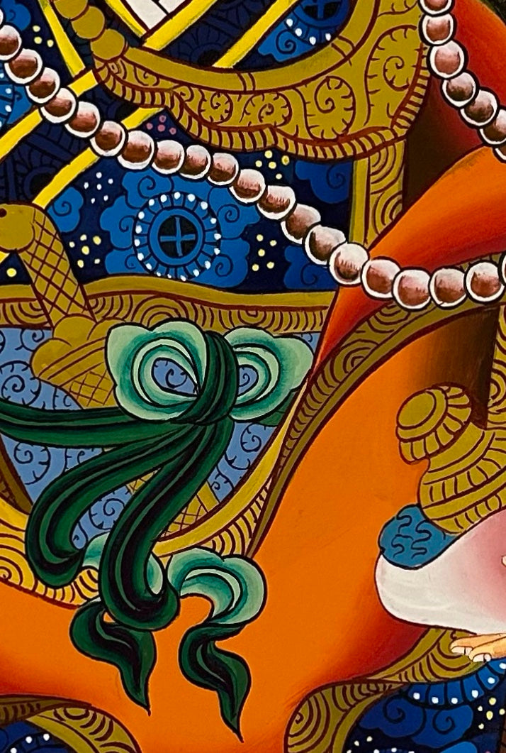 Padmasambhava thangka, 64×88 cm: a contemporary Padmasambhava flying through golden clouds on yellow