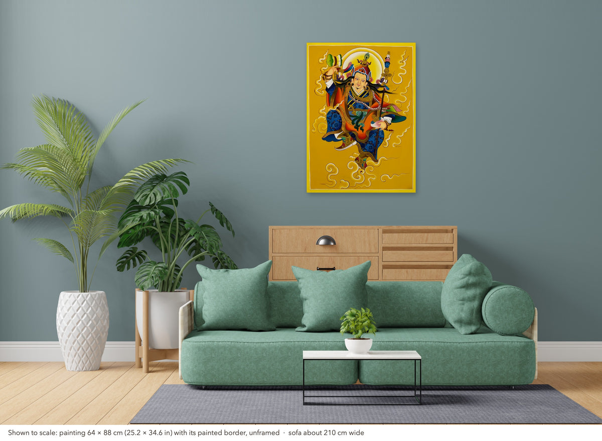 Padmasambhava thangka shown to scale in a living room, unframed, above a sofa about 210 cm wide (64×88 cm)
