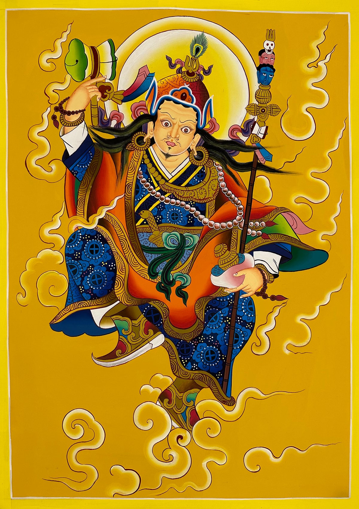 Padmasambhava thangka, 64×88 cm: a contemporary Padmasambhava flying through golden clouds on yellow