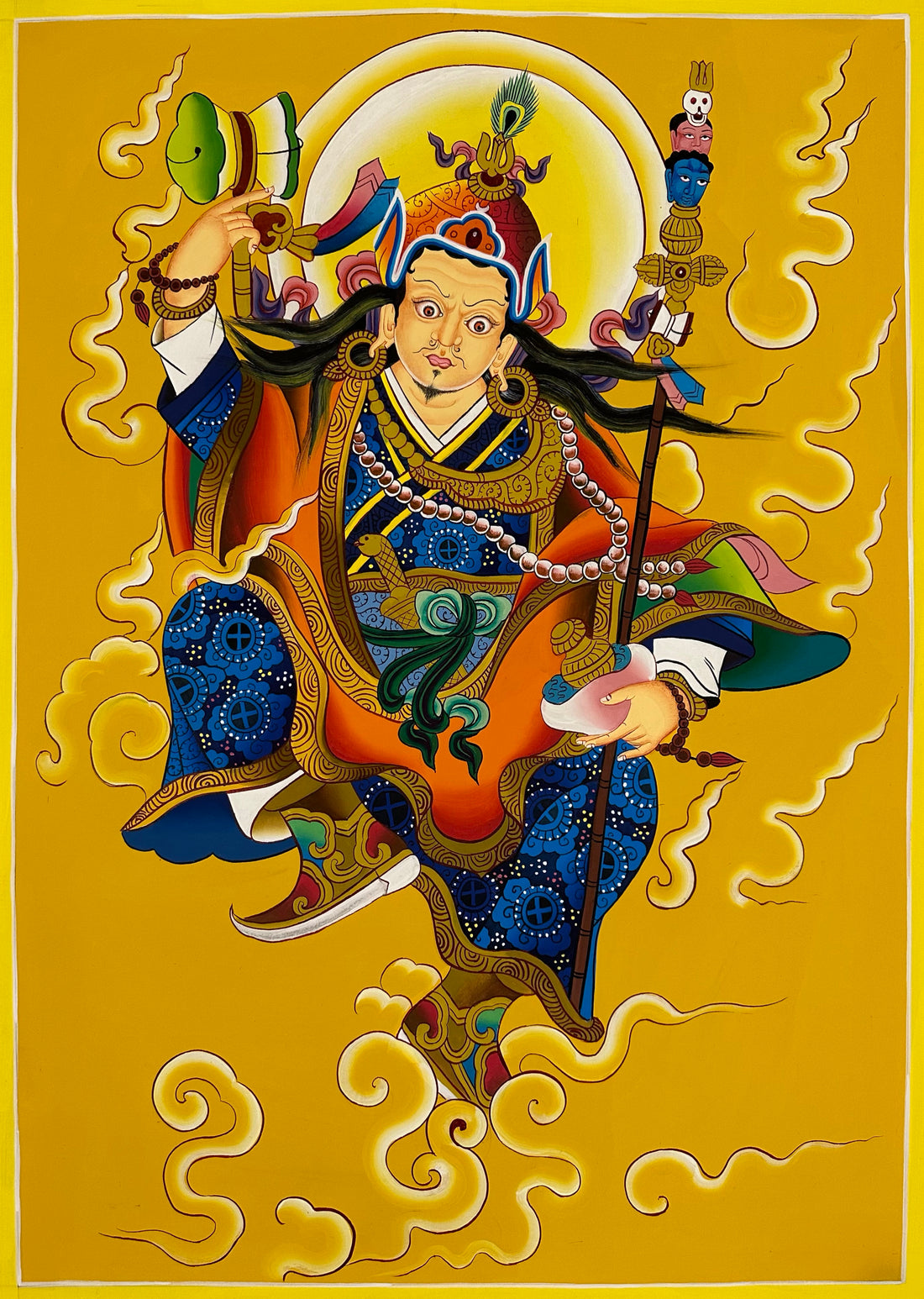 Padmasambhava thangka, 64×88 cm: a contemporary Padmasambhava flying through golden clouds on yellow