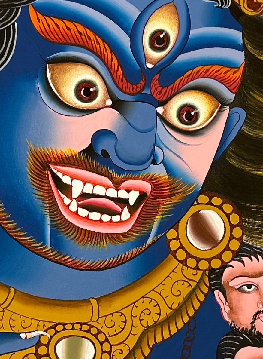 Mahakala thangka, 64×88 cm: a contemporary close-up of blue Mahakala with skull cup and crown on yellow