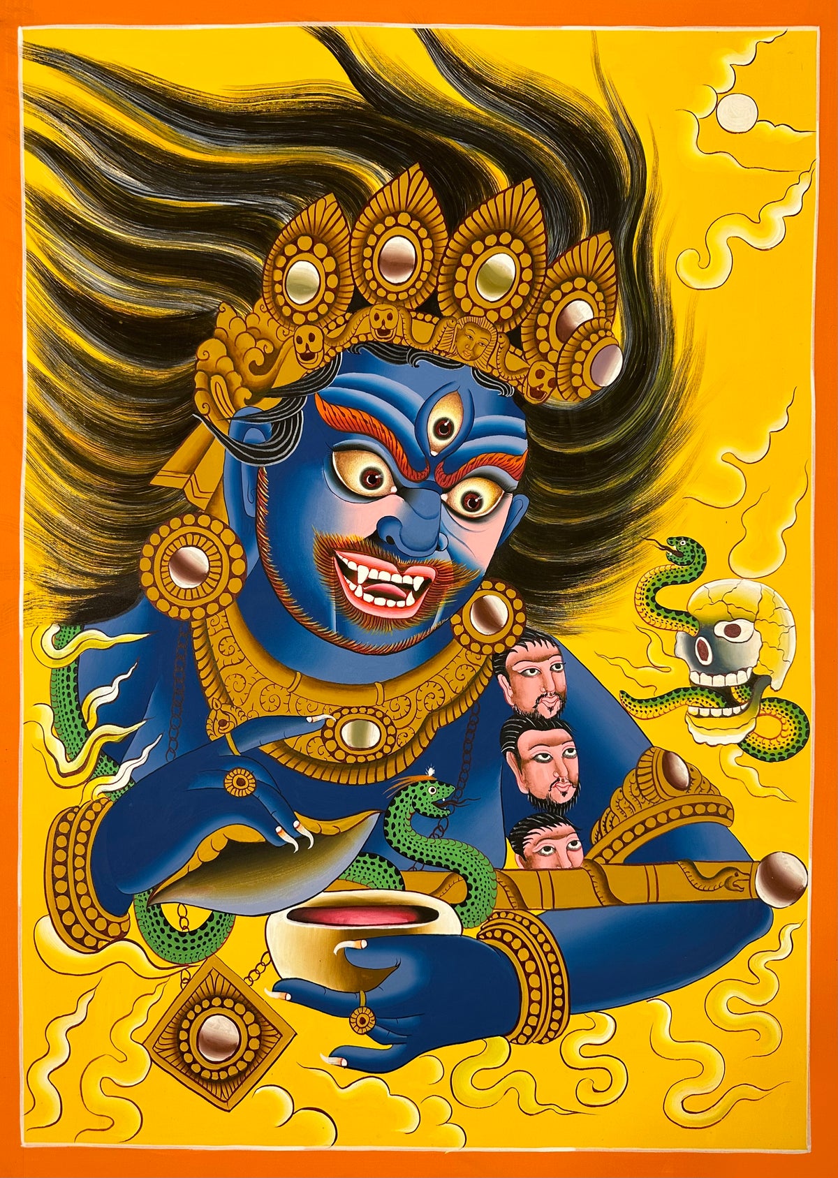 Mahakala thangka, 64×88 cm: a contemporary close-up of blue Mahakala with skull cup and crown on yellow