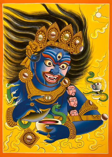 Mahakala thangka, 64×88 cm: a contemporary close-up of blue Mahakala with skull cup and crown on yellow