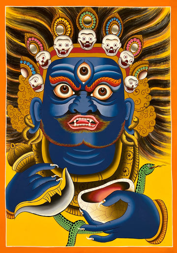 Mahakala thangka, 64×88 cm: a contemporary close-up of blue Mahakala's face with a skull crown, knife and skull cup on yellow