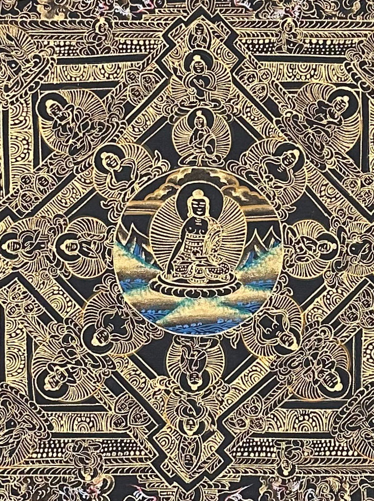 Buddha Mandala thangka, 54×70 cm: a Buddha mandala in gold-coloured line work on black, with thousand-armed Chenrezig above