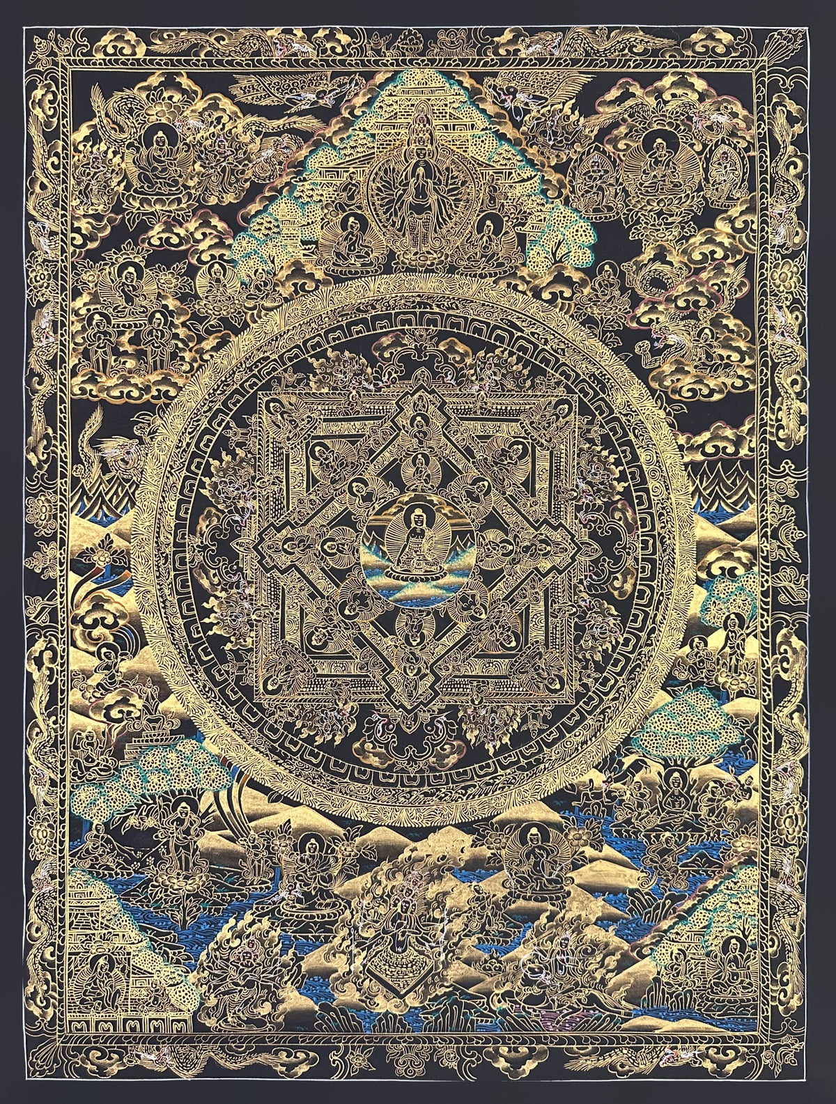 Buddha Mandala thangka, 54×70 cm: a Buddha mandala in gold-coloured line work on black, with thousand-armed Chenrezig above