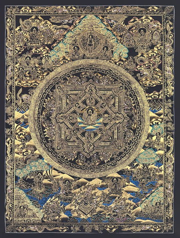 Buddha Mandala thangka, 54×70 cm: a Buddha mandala in gold-coloured line work on black, with thousand-armed Chenrezig above